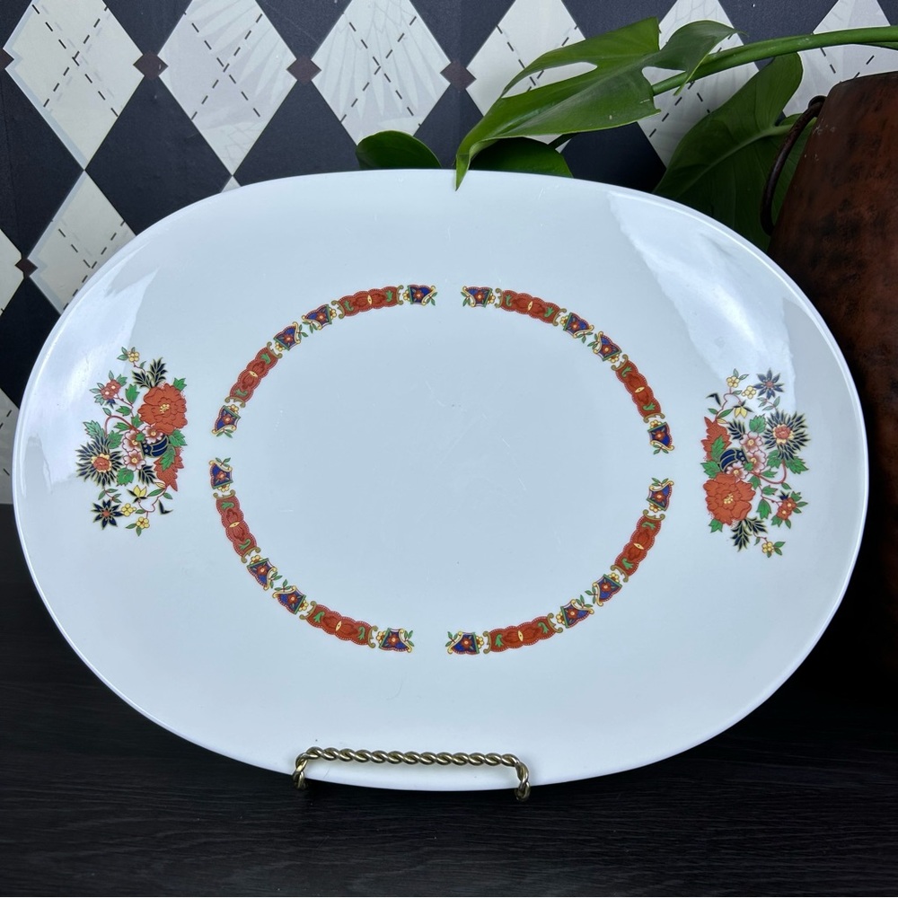 Vintage‎ 15 Inch Platter Oval Serving Piece Transferware Red Blue Border Floral